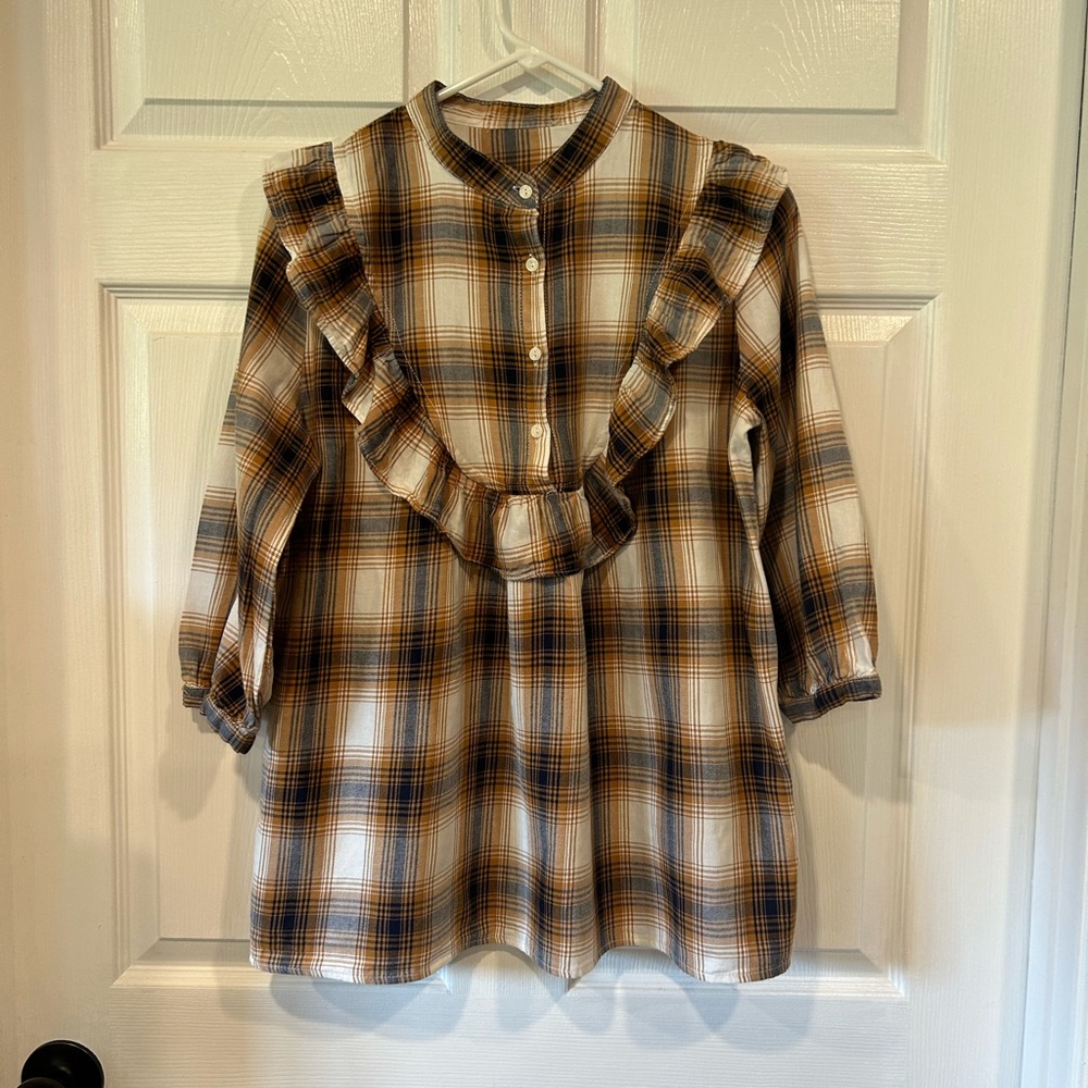 Suzanne Betro Cream and Brown Plaid Ruffle Front Blouse